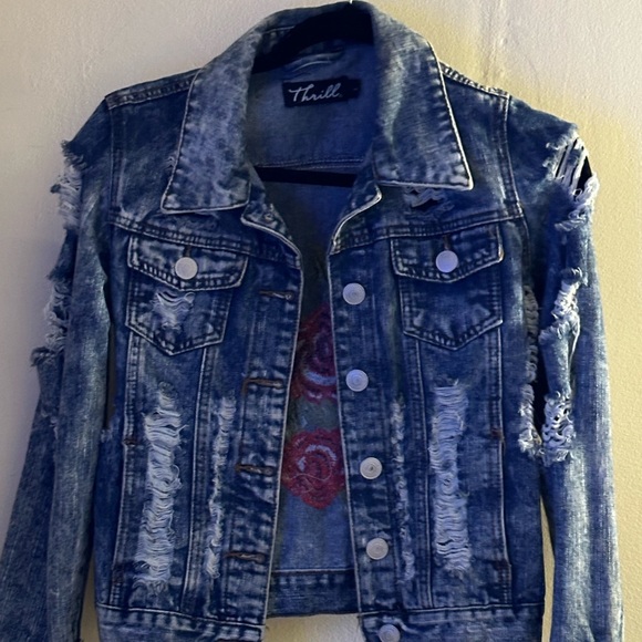 Denim Jacket with Red Rose Embroidery - Picture 2 of 2
